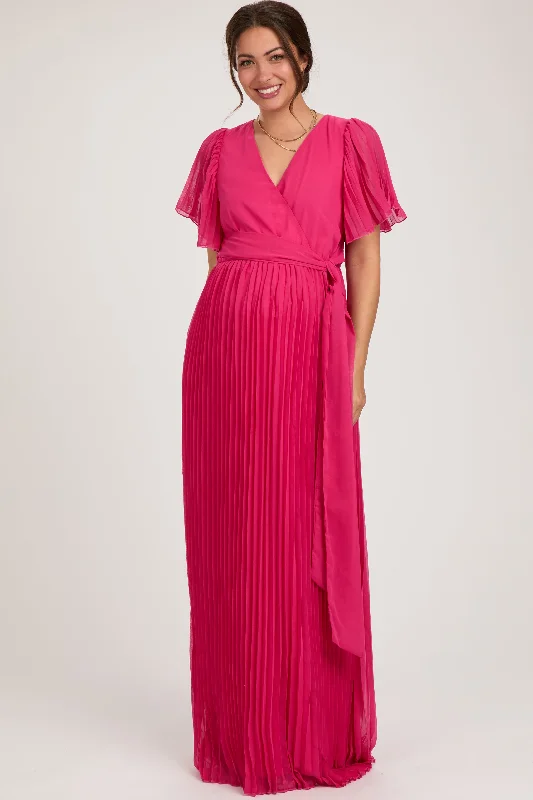 Maxi dresses with a pleated skirt for a timeless and elegant appearance Fuchsia Chiffon Wrap Front V-Neck Short Sleeve Pleated Maternity Maxi Dress Maxi dresses with a pleated skirt for a timeless and elegant appearance Fuchsia Chiffon Wrap Front V-Neck Short Sleeve Pleated Maternity Maxi Dress