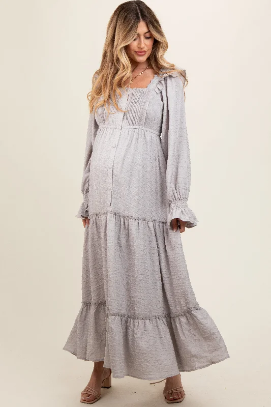 Floral print maxi dresses for summer garden parties Grey Button Pleated Front Square Neck Ruffle Tiered Maternity Maxi Dress Floral print maxi dresses for summer garden parties Grey Button Pleated Front Square Neck Ruffle Tiered Maternity Maxi Dress