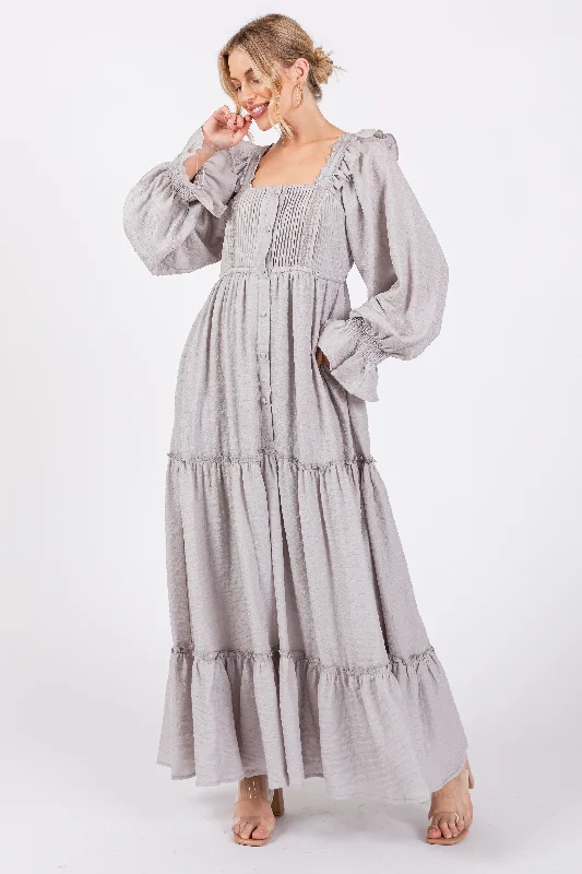 Maxi dresses with beaded embellishments for a fancy and luxurious event Grey Button Pleated Front Square Neck Ruffle Tiered Maxi Dress Maxi dresses with beaded embellishments for a fancy and luxurious event Grey Button Pleated Front Square Neck Ruffle Tiered Maxi Dress