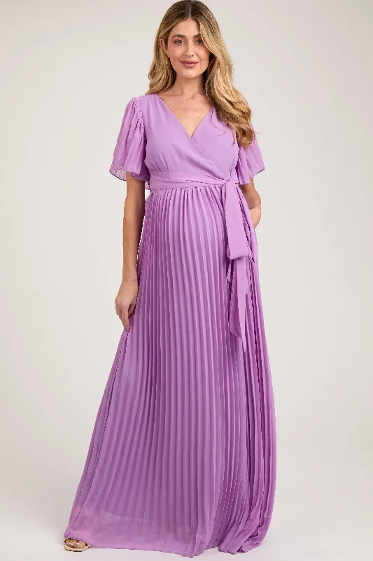 Maxi dresses with polka dot prints for a playful style Lavender Chiffon Wrap Front V-Neck Short Sleeve Pleated Maternity Maxi Dress Maxi dresses with polka dot prints for a playful style Lavender Chiffon Wrap Front V-Neck Short Sleeve Pleated Maternity Maxi Dress