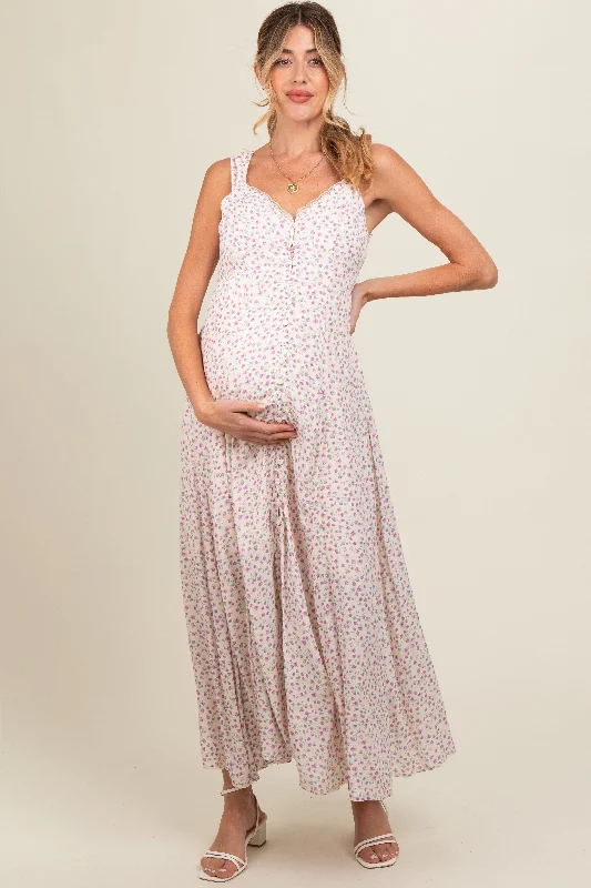 Maxi dresses with side slits for a touch of allure Lavender Floral Button Down Maternity Maxi Dress Maxi dresses with side slits for a touch of allure Lavender Floral Button Down Maternity Maxi Dress