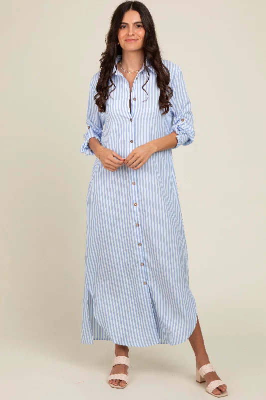 Maxi dresses with cold - shoulder cutouts for a trendy look Light Blue Striped Button Down Maxi Dress Maxi dresses with cold - shoulder cutouts for a trendy look Light Blue Striped Button Down Maxi Dress