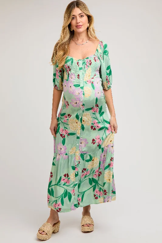 Linen maxi dresses for a breathable and lightweight summer option Light Green Floral Front Button Maternity Maxi Dress Linen maxi dresses for a breathable and lightweight summer option Light Green Floral Front Button Maternity Maxi Dress