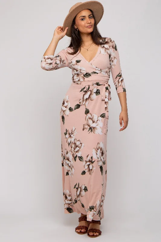 Plaid maxi dresses for fall fashion events Light Pink Floral Wrap Maxi Dress