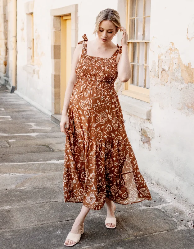 Maxi dresses with side slits for a touch of allure Lilliana Maternity Maxi Dress in Brown Paisley Print