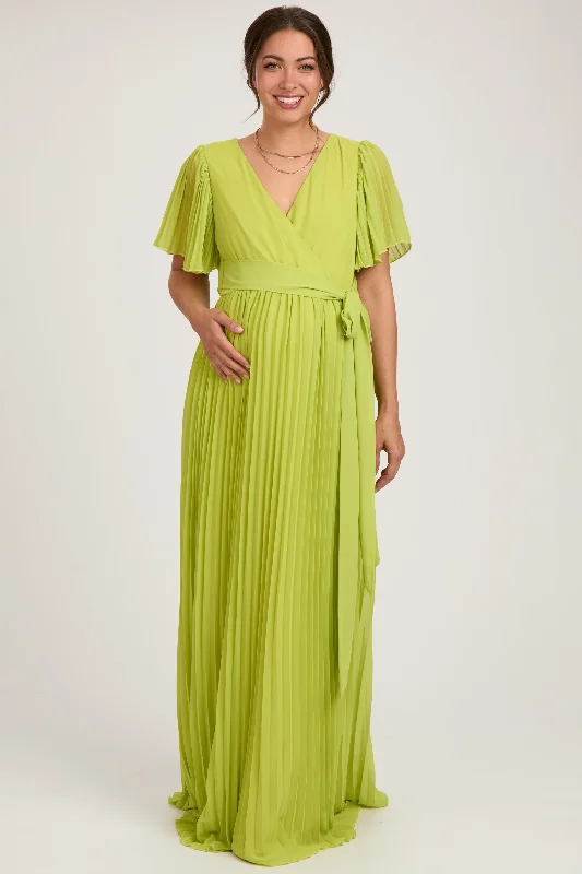Maxi dresses with side slits for a touch of allure Lime Chiffon Wrap Front V-Neck Short Sleeve Pleated Maternity Maxi Dress Maxi dresses with side slits for a touch of allure Lime Chiffon Wrap Front V-Neck Short Sleeve Pleated Maternity Maxi Dress