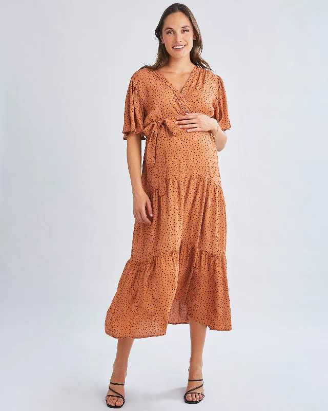 Satin maxi dresses with a high - low hem for a modern twist Cara Maternity Maxi Dress In Black Polka Dots Satin maxi dresses with a high - low hem for a modern twist Cara Maternity Maxi Dress In Black Polka Dots