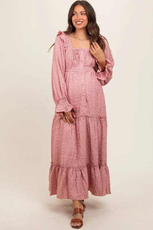 Maxi dresses with mesh panels for a sexy and trendy appearance Mauve Button Pleated Front Square Neck Ruffle Tiered Maternity Maxi Dress Maxi dresses with mesh panels for a sexy and trendy appearance Mauve Button Pleated Front Square Neck Ruffle Tiered Maternity Maxi Dress