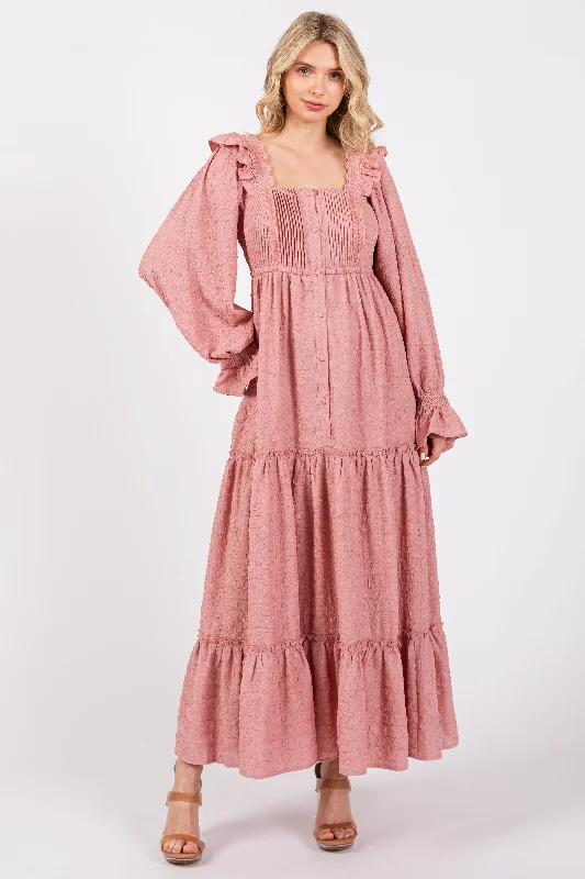 Maxi dresses with off - the - shoulder styles for a romantic and breezy look Mauve Button Pleated Front Square Neck Ruffle Tiered Maxi Dress Maxi dresses with off - the - shoulder styles for a romantic and breezy look Mauve Button Pleated Front Square Neck Ruffle Tiered Maxi Dress