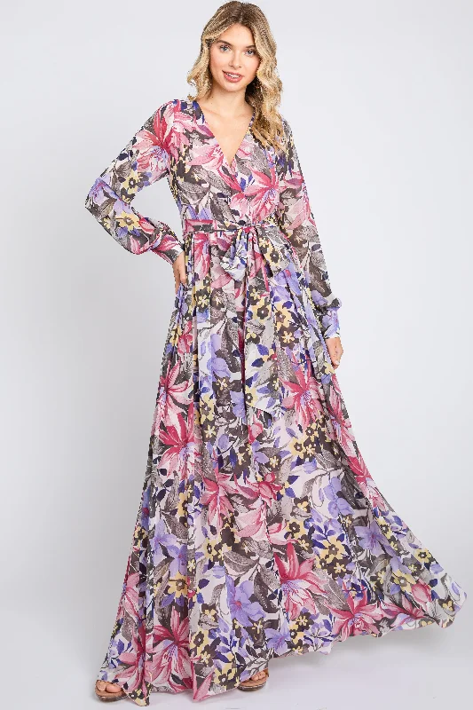 Satin maxi dresses with a high - low hem for a modern twist Mauve Floral Chiffon Wrap Front V-Neck Long Sleeve Maxi Dress Satin maxi dresses with a high - low hem for a modern twist Mauve Floral Chiffon Wrap Front V-Neck Long Sleeve Maxi Dress