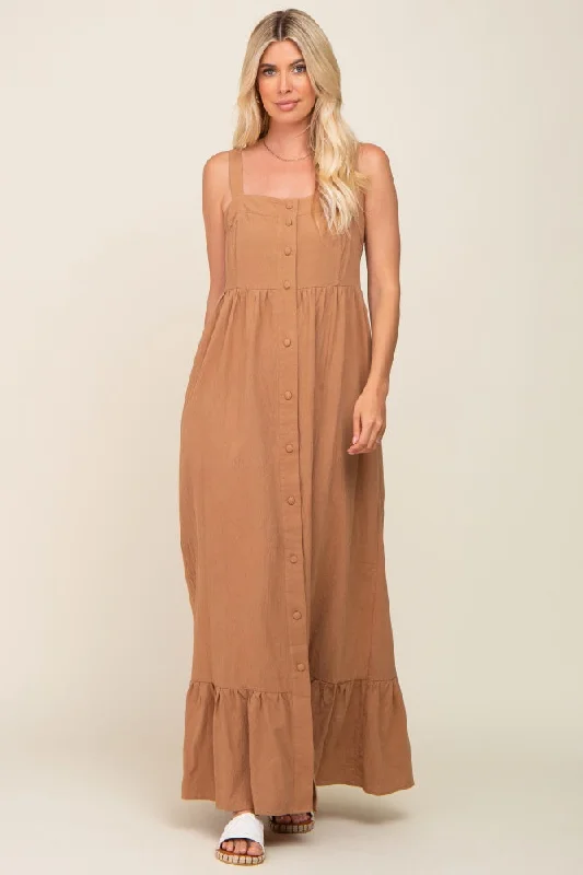 Sequined maxi dresses for formal evening galas Mocha Front Button Sleeveless Maxi Dress Sequined maxi dresses for formal evening galas Mocha Front Button Sleeveless Maxi Dress
