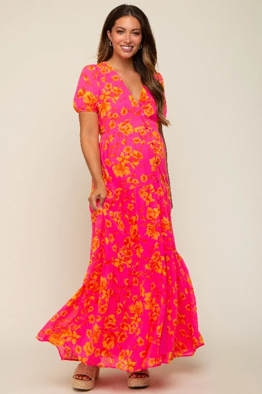 Ruffled maxi dresses with a tiered skirt for added volume Neon Pink Floral Front Button Tiered Maternity Maxi Dress Ruffled maxi dresses with a tiered skirt for added volume Neon Pink Floral Front Button Tiered Maternity Maxi Dress