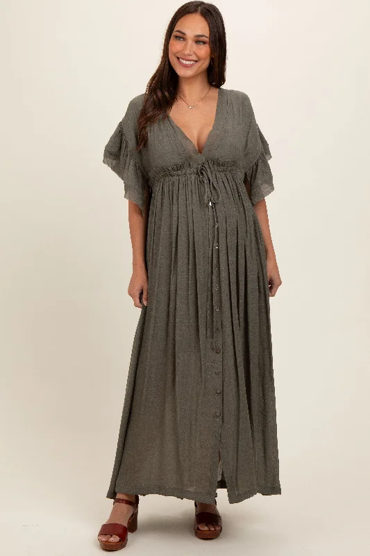 Maxi dresses with cut - out details on the sides for a modern edge Olive Deep V-Neck Button Down Maternity Maxi Dress Maxi dresses with cut - out details on the sides for a modern edge Olive Deep V-Neck Button Down Maternity Maxi Dress