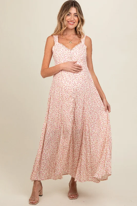 Maxi dresses with embroidered floral motifs for a unique design Peach Floral Button Down Maternity Maxi Dress Maxi dresses with embroidered floral motifs for a unique design Peach Floral Button Down Maternity Maxi Dress