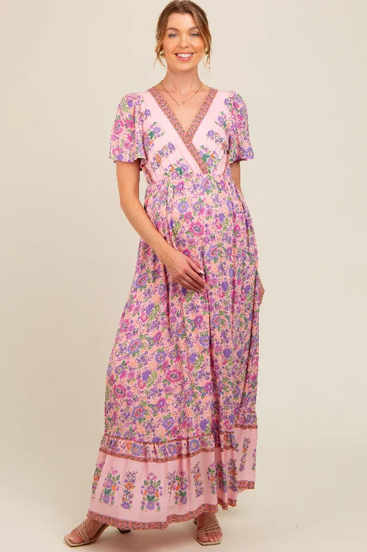 Velvet maxi dresses with long sleeves for winter weddings Pink Floral Border Printed Woven Short Sleeve V-Neck Maternity Maxi Dress Velvet maxi dresses with long sleeves for winter weddings Pink Floral Border Printed Woven Short Sleeve V-Neck Maternity Maxi Dress