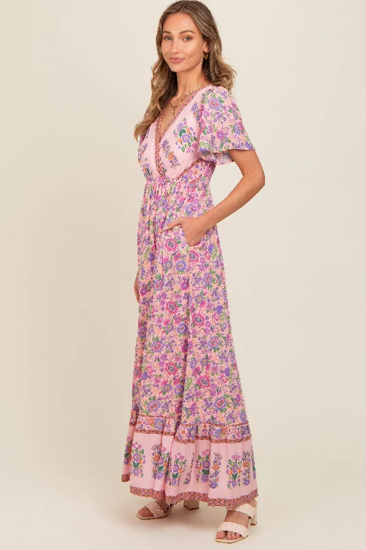 Strapless maxi dresses for a beachside vacation Pink Floral Border Printed Woven Short Sleeve V-Neck Maxi Dress Strapless maxi dresses for a beachside vacation Pink Floral Border Printed Woven Short Sleeve V-Neck Maxi Dress