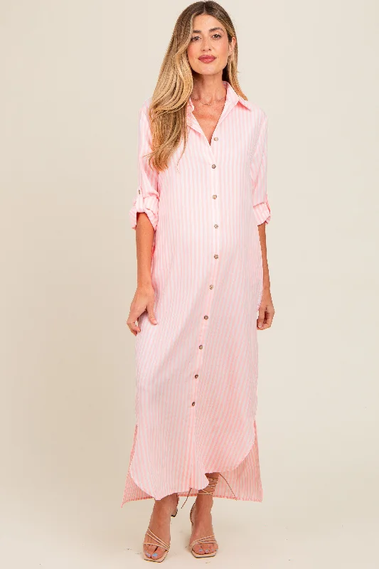 Maxi dresses with a cinched waist for a defined silhouette Pink Striped Button Down Maternity Maxi Dress Maxi dresses with a cinched waist for a defined silhouette Pink Striped Button Down Maternity Maxi Dress