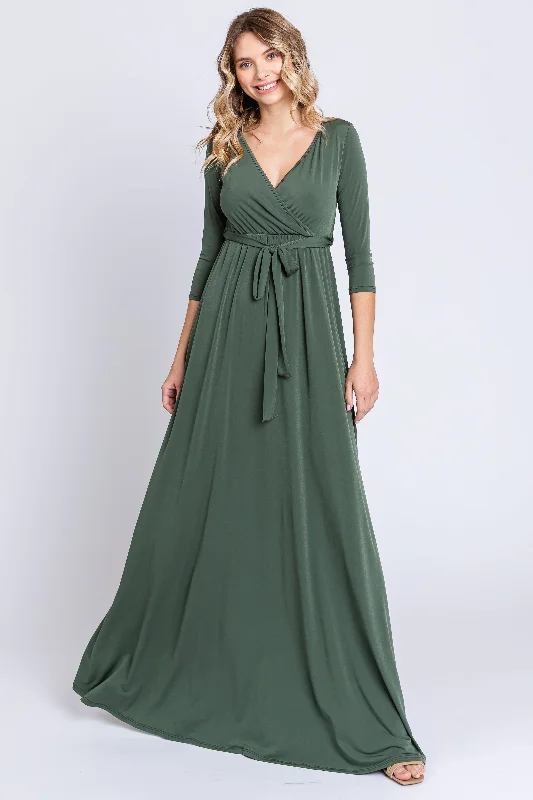 Maxi dresses with a V - neckline for a flattering and elongating shape PinkBlush Light Olive Draped 3/4 Sleeve Maxi Dress Maxi dresses with a V - neckline for a flattering and elongating shape PinkBlush Light Olive Draped 3/4 Sleeve Maxi Dress