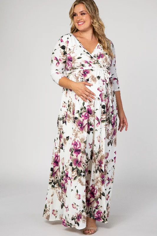 Ruffled maxi dresses with a tiered skirt for added volume PinkBlush White Floral Plus Maternity/Nursing Wrap Maxi Dress Ruffled maxi dresses with a tiered skirt for added volume PinkBlush White Floral Plus Maternity/Nursing Wrap Maxi Dress