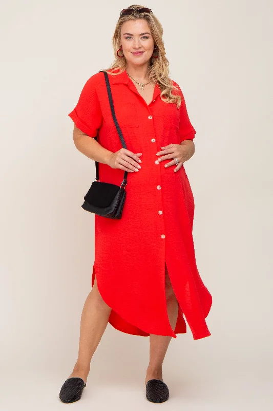 Maxi dresses with a V - neckline for a flattering and elongating shape Red Button Down Hi Low Maternity Plus Maxi Dress Maxi dresses with a V - neckline for a flattering and elongating shape Red Button Down Hi Low Maternity Plus Maxi Dress