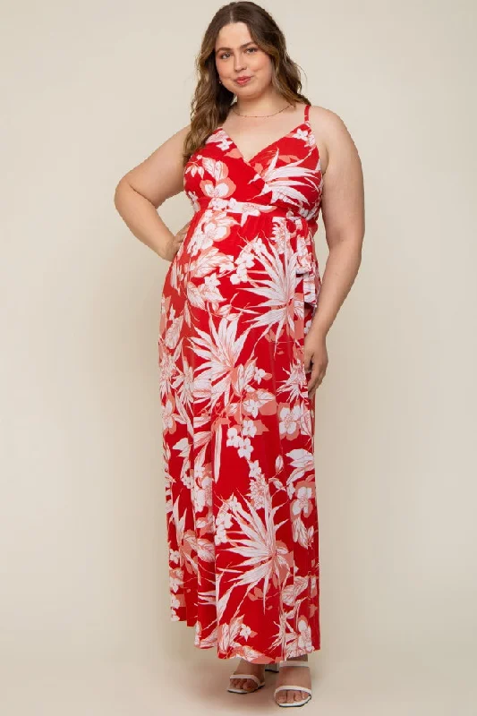 Polyester maxi dresses for easy - care and durability Red Floral Palm Print Wrap Maternity Plus Maxi Dress Polyester maxi dresses for easy - care and durability Red Floral Palm Print Wrap Maternity Plus Maxi Dress