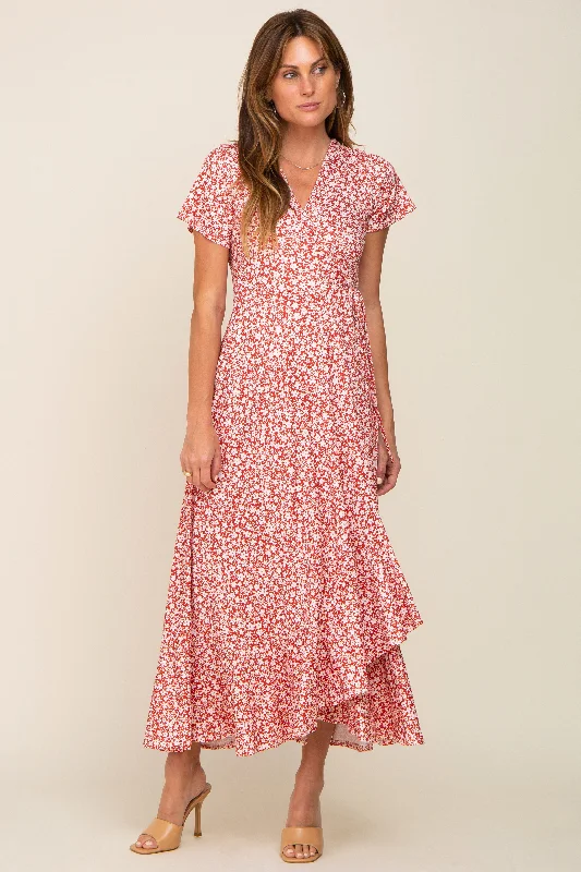 Maxi dresses with a belted empire waist for a more defined and flattering silhouette Red Floral Short Sleeve Wrap Maxi Dress Maxi dresses with a belted empire waist for a more defined and flattering silhouette Red Floral Short Sleeve Wrap Maxi Dress