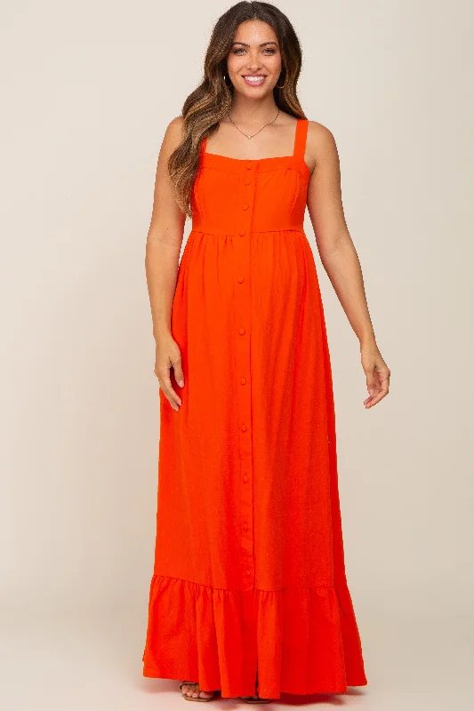 Maxi dresses with mesh panels for a sexy and trendy appearance Red Orange Front Button Sleeveless Maternity Maxi Dress Maxi dresses with mesh panels for a sexy and trendy appearance Red Orange Front Button Sleeveless Maternity Maxi Dress