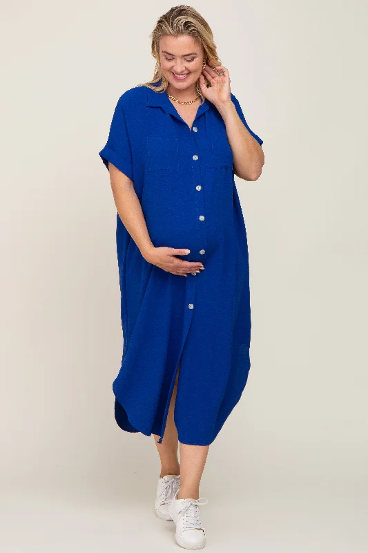 Maxi dresses with an asymmetric hem for a fashion - forward and eye - catching design Royal Blue Button Down Hi Low Maternity Plus Maxi Dress Maxi dresses with an asymmetric hem for a fashion - forward and eye - catching design Royal Blue Button Down Hi Low Maternity Plus Maxi Dress