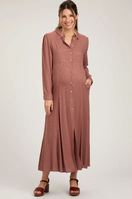Maxi dresses with a keyhole back for a sexy detail Rust Collared Button Down Long Sleeve Maternity Maxi Dress Maxi dresses with a keyhole back for a sexy detail Rust Collared Button Down Long Sleeve Maternity Maxi Dress