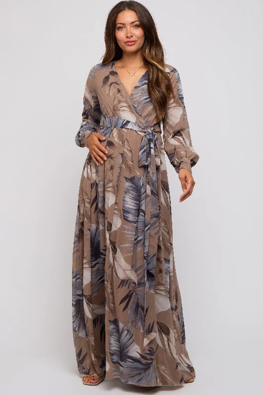 Velvet maxi dresses with long sleeves for winter weddings Taupe Palm Print Chiffon Wrap Front V-Neck Long Sleeve Maternity Maxi Dress