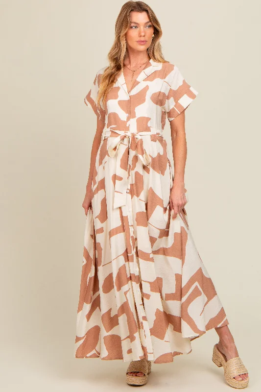 Polyester maxi dresses for easy - care and durability Taupe Printed Sash Tie Button Down Maternity Maxi Dress Polyester maxi dresses for easy - care and durability Taupe Printed Sash Tie Button Down Maternity Maxi Dress