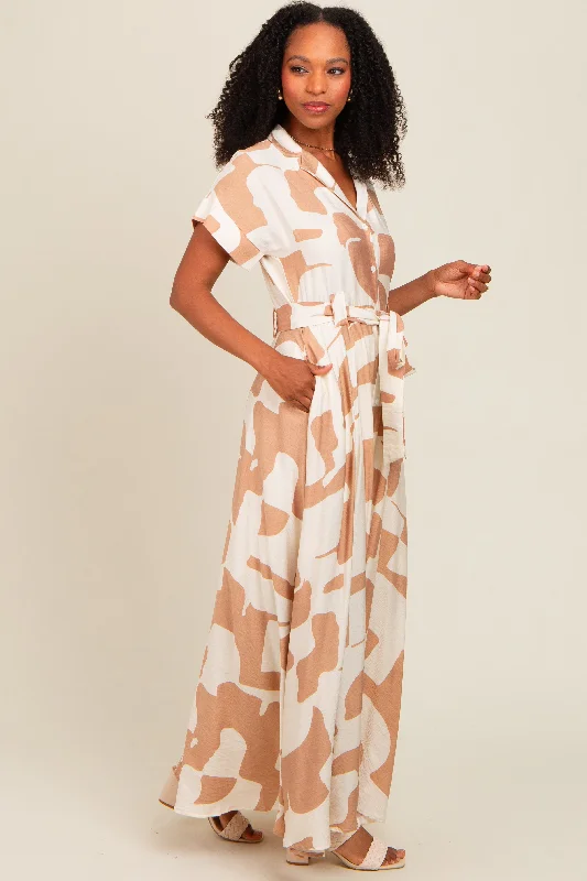 Satin maxi dresses with a high - low hem for a modern twist Taupe Printed Sash Tie Button Down Maxi Dress Satin maxi dresses with a high - low hem for a modern twist Taupe Printed Sash Tie Button Down Maxi Dress