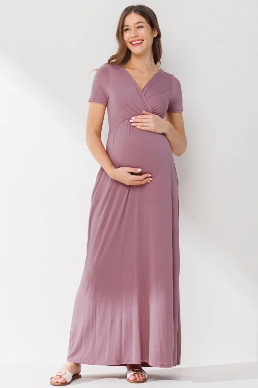 Maxi dresses with balloon sleeves for a vintage - inspired style Surplice Short Sleeve Maternity Maxi Dress Maxi dresses with balloon sleeves for a vintage - inspired style Surplice Short Sleeve Maternity Maxi Dress