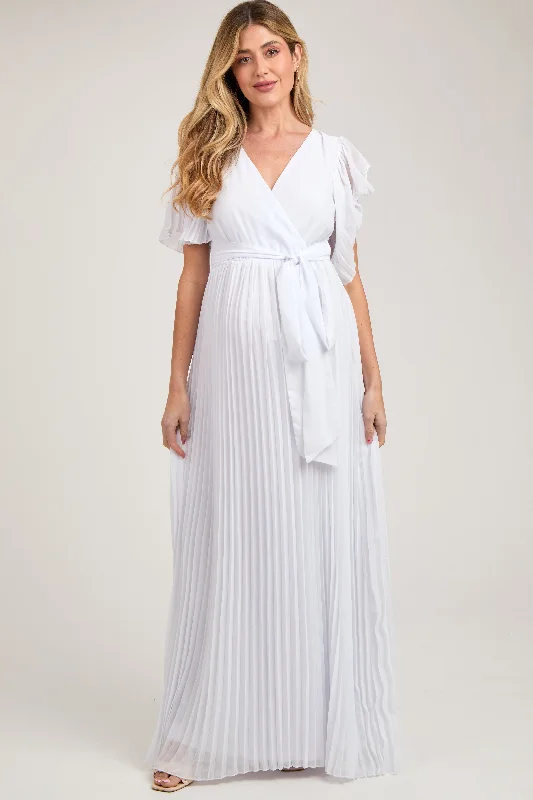 Maxi dresses with a V - neckline for a flattering and elongating shape White Chiffon Wrap Front V-Neck Short Sleeve Pleated Maternity Maxi Dress Maxi dresses with a V - neckline for a flattering and elongating shape White Chiffon Wrap Front V-Neck Short Sleeve Pleated Maternity Maxi Dress
