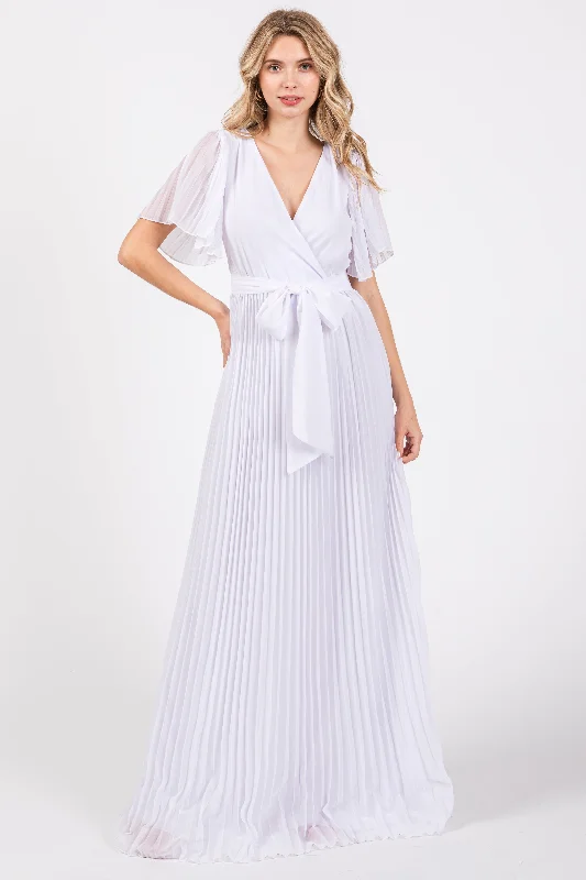 Maxi dresses with a wrap - around style for a customizable fit White Chiffon Wrap Front V-Neck Short Sleeve Pleated Maxi Dress Maxi dresses with a wrap - around style for a customizable fit White Chiffon Wrap Front V-Neck Short Sleeve Pleated Maxi Dress
