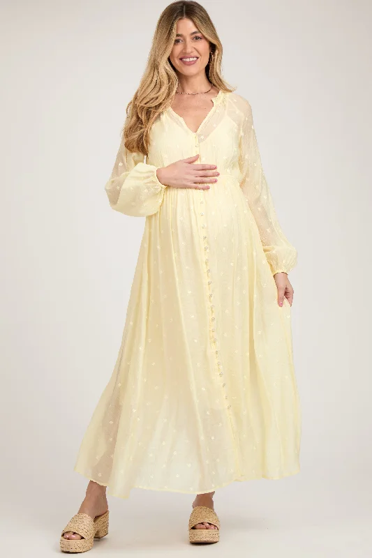 Maxi dresses with a belted empire waist for a more defined and flattering silhouette Yellow Embroidered Maternity Button Down Maxi Dress