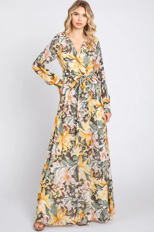 Maxi dresses with a cinched waist for a defined silhouette Yellow Floral Chiffon Wrap Front V-Neck Long Sleeve Maxi Dress Maxi dresses with a cinched waist for a defined silhouette Yellow Floral Chiffon Wrap Front V-Neck Long Sleeve Maxi Dress