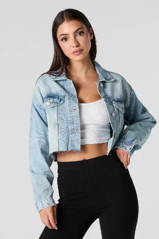 Fringed Denim Top with a Bohemian Flair Cropped Denim Jacket