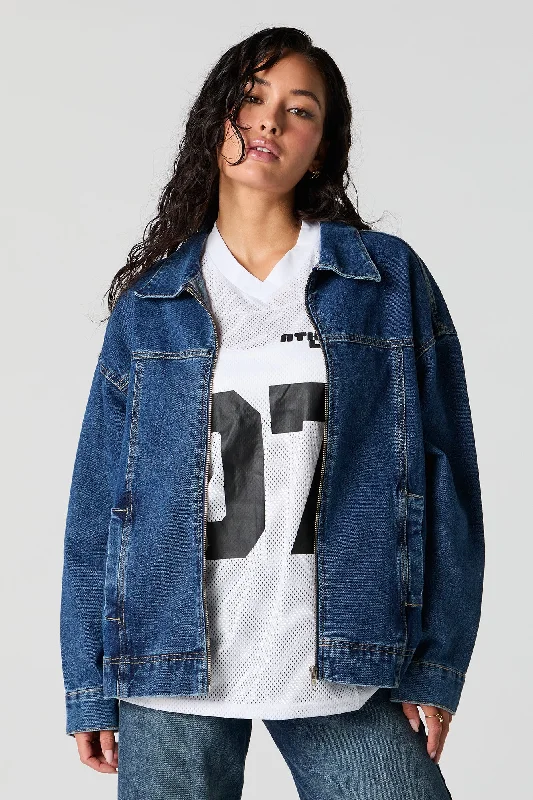 Ripped Denim Top for a Rebellious Fashion Statement Denim Collared Bomber Jacket