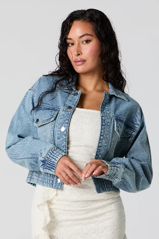 Button - Down Denim Top with a Classic Design Cinched Hem Denim Jacket