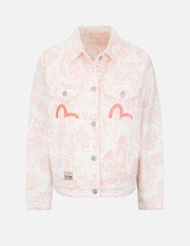 Denim Top with a Collared Neckline for a Preppy Style Allover EVISU Squad Discharge-Print Denim Jacket Denim Top with a Collared Neckline for a Preppy Style Allover EVISU Squad Discharge-Print Denim Jacket