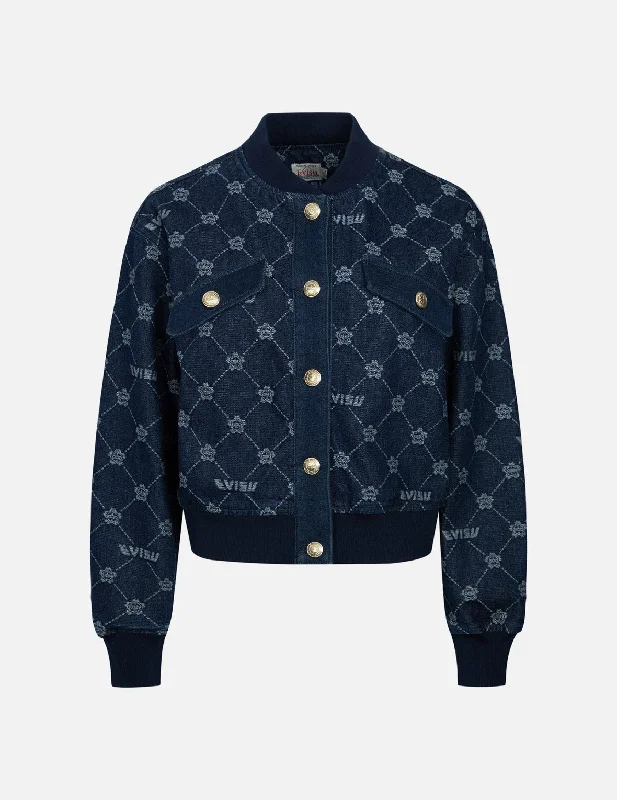 Denim Top with a Collared Neckline for a Preppy Style Allover Kamon and Logo Drop Shoulder Denim Bomber Jacket