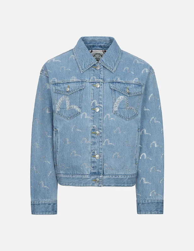 Cropped Denim Top to Pair with High - Waisted Bottoms Allover Rhinestone Seagull Loose Fit Denim Jacket Cropped Denim Top to Pair with High - Waisted Bottoms Allover Rhinestone Seagull Loose Fit Denim Jacket