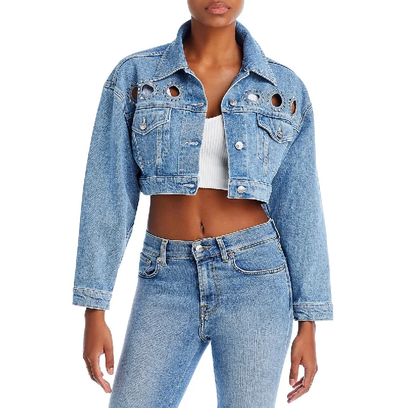 Denim Top with a Collared Neckline for a Preppy Style Womens Cutout Cropped Denim Jacket Denim Top with a Collared Neckline for a Preppy Style Womens Cutout Cropped Denim Jacket