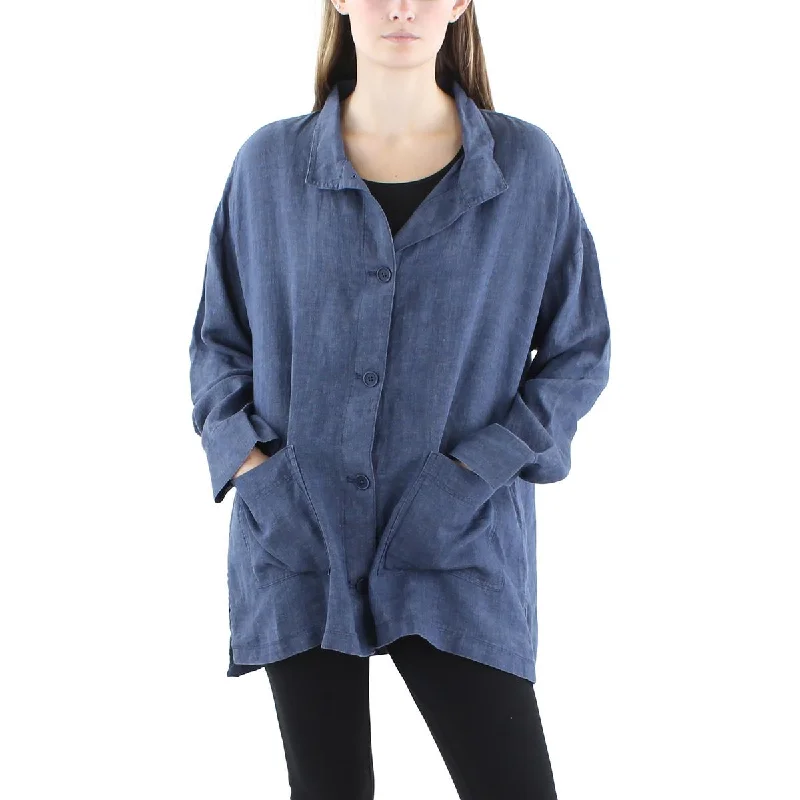 Plus - Size Denim Top for a Comfortable and Stylish Fit Womens Collared 100% Linen Denim Jacket Plus - Size Denim Top for a Comfortable and Stylish Fit Womens Collared 100% Linen Denim Jacket