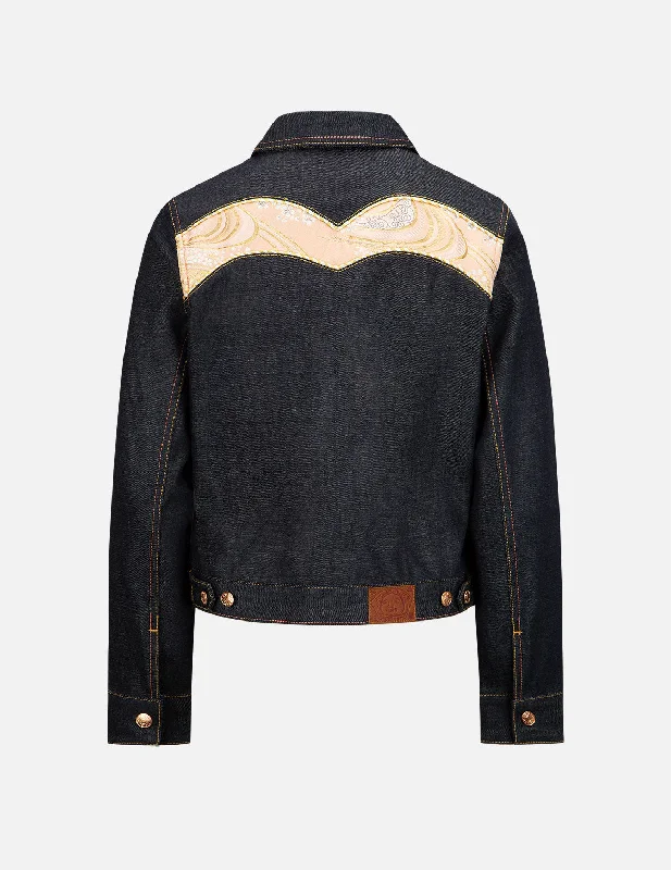 Cropped Denim Top to Pair with High - Waisted Bottoms Brocade Daicock Insert Denim Jacket Cropped Denim Top to Pair with High - Waisted Bottoms Brocade Daicock Insert Denim Jacket