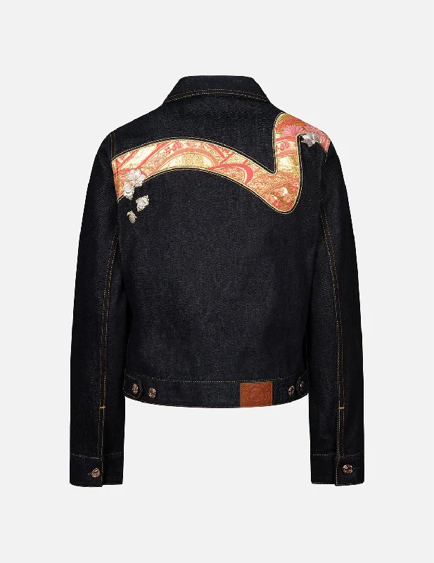 Distressed Denim Top for a Trendy and Edgy Look Brocade Seagull and Daicock Appliqué Regular Fit Denim Jacket Distressed Denim Top for a Trendy and Edgy Look Brocade Seagull and Daicock Appliqué Regular Fit Denim Jacket