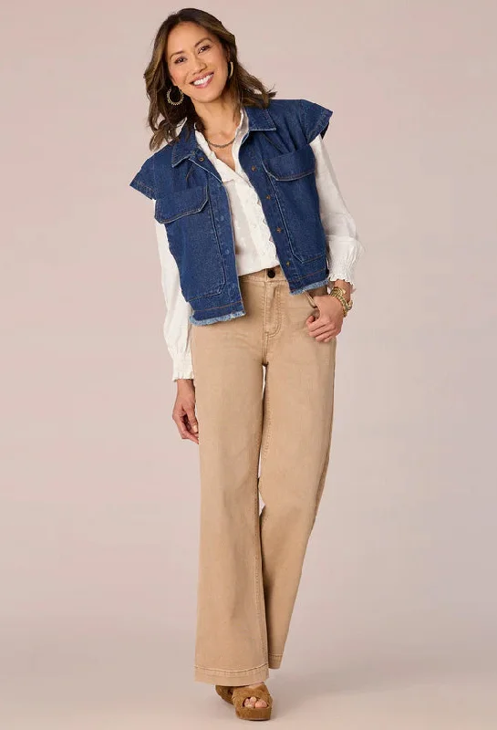 Long - Sleeve Denim Top for Cold Weather Layering Cap Sleeve Fray Hem Denim Vest