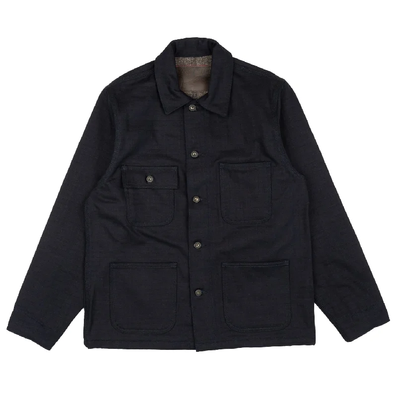 Washed - Out Denim Top for a Vintage Aesthetic Chore Coat - Blanket Lined Denim - Indigo x Indigo Washed - Out Denim Top for a Vintage Aesthetic Chore Coat - Blanket Lined Denim - Indigo x Indigo