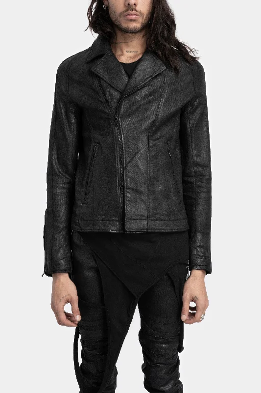 Patchwork Denim Top with a Unique and Artistic Appeal Coated denim biker jacket